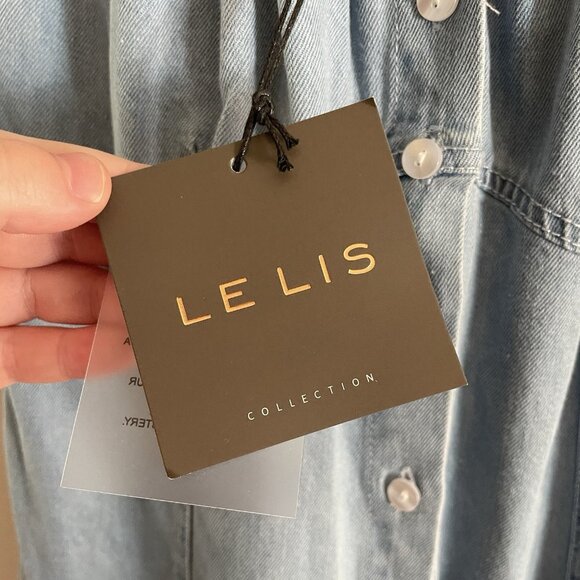 LE LIS Women L Denim Casual 90s Rodeo Puff Sleeve Button Front Mini Dress NWT - Picture 9 of 12